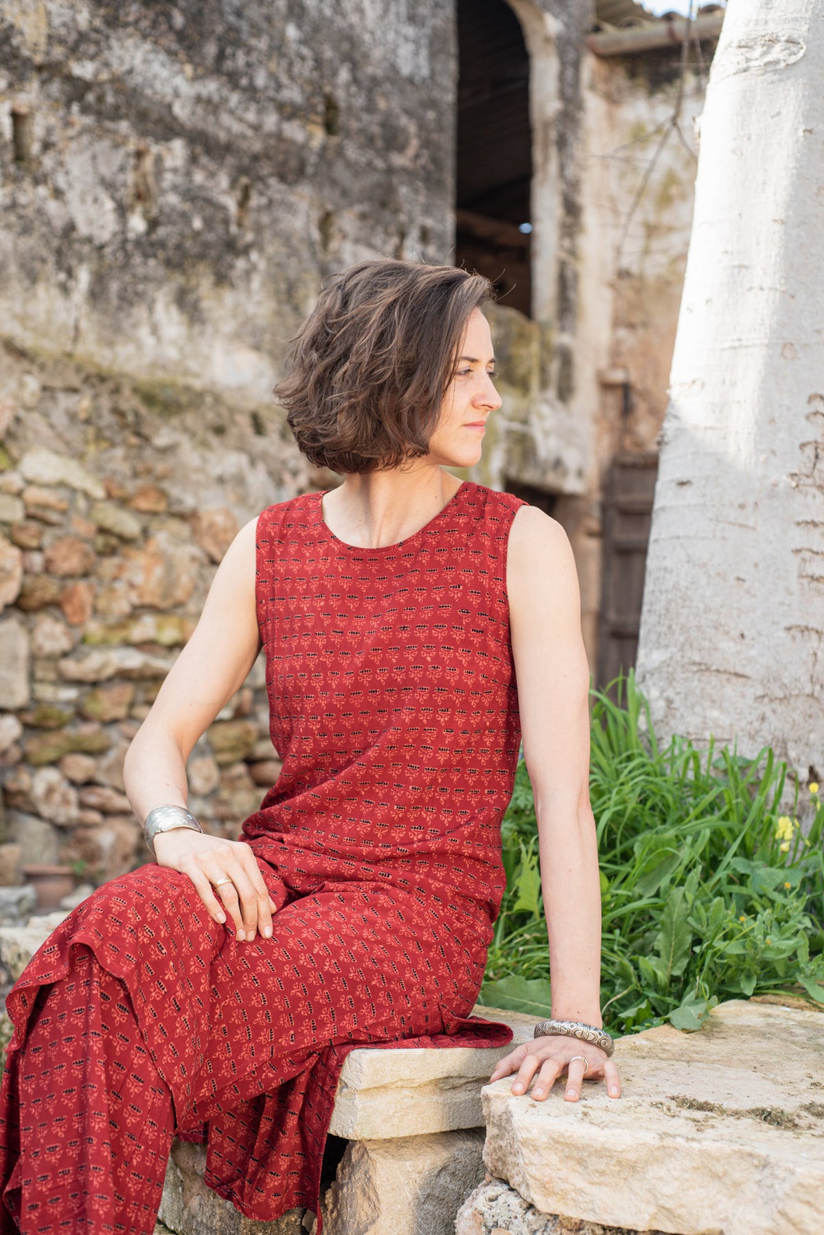 Red Ajrakh Long Sleeveless Kurta