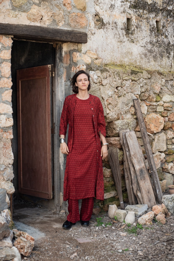 Red Ajrakh Long Buttondown Shirt