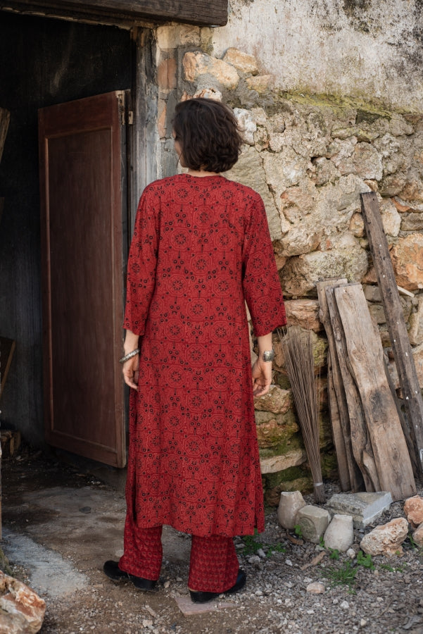 Red Ajrakh Long Buttondown Shirt