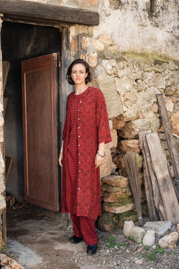 Red Ajrakh Long Buttondown Shirt