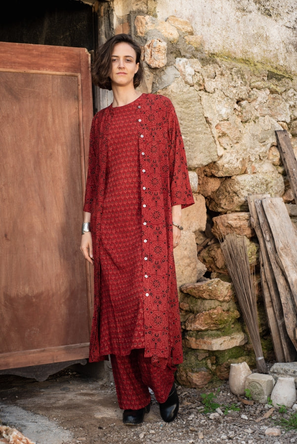 Red Ajrakh Long Buttondown Shirt