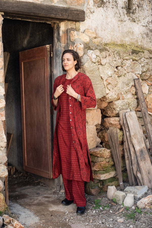 Red Ajrakh Long Buttondown Shirt